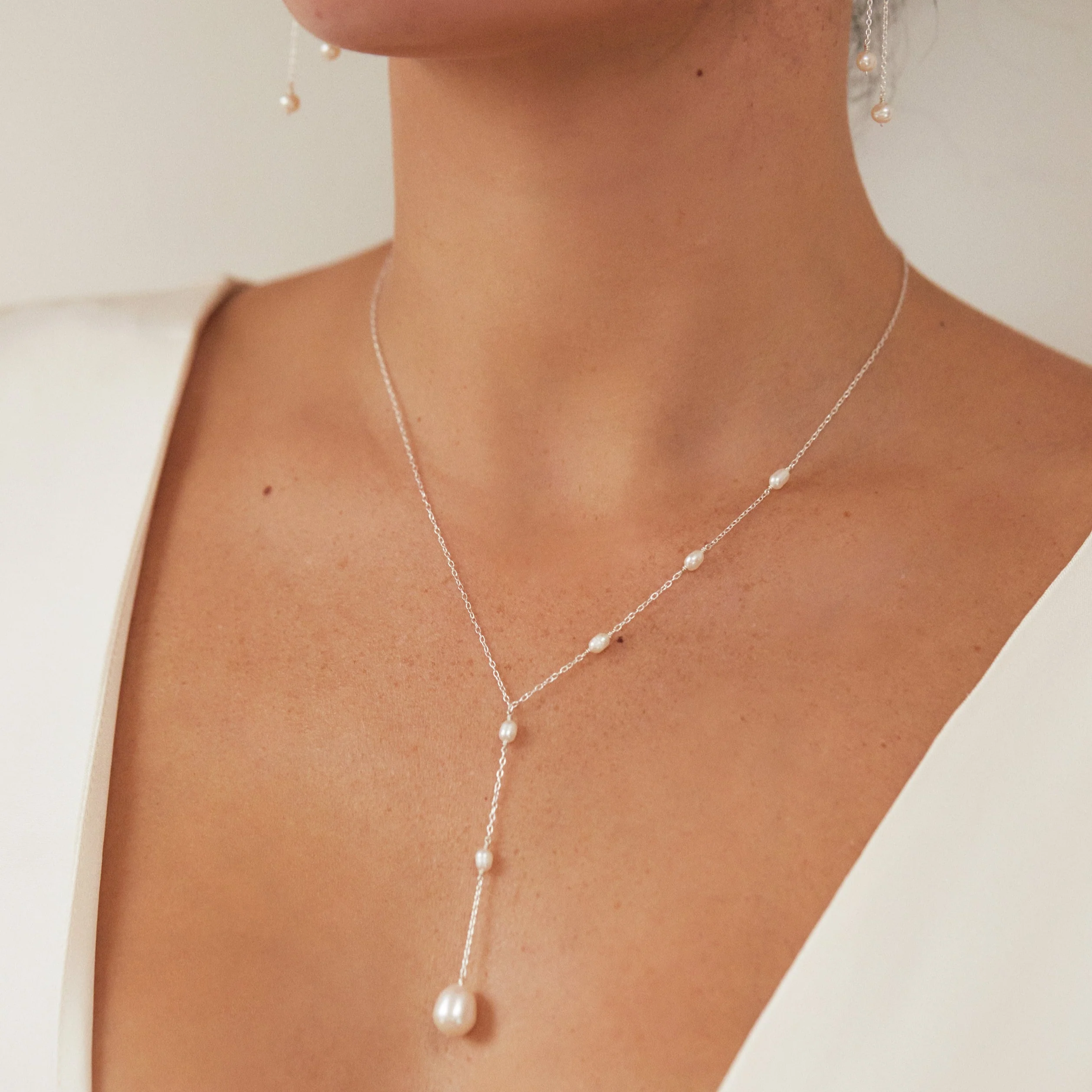 Solid White Gold Seed Pearl Lariat Necklace - Image 2